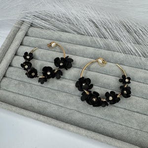 Black Flower Hoop Clip Earrings,Hoop Earrings,Invisible Clip On Earrings,Clip On Hoop Earrings,Non Pierced Earrings,Non Pierced looked