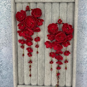 Long red flower earrings, floral earrings red Chandelier Floral Earrings, Cascade red Earrings, Long red Dangle
