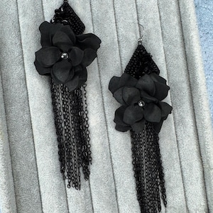 Black Earrings, Black Floral Earrings, Black Flower Earrings, Long Petal Black Earrings,  Black Dangle Earrings, Cascade black Earrings