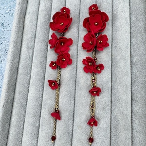 Long red flower earrings, floral earrings red Chandelier Floral Earrings, Cascade red Earrings, Long red Dangle