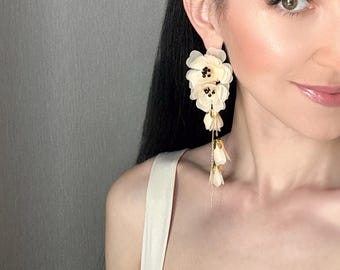Flower ivory dangle earrings Asymmetrical long earrings Romantic Statement Earrings | Garden Party Earrings