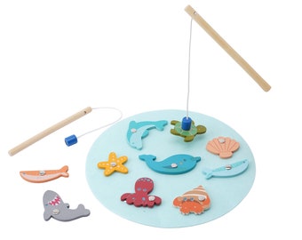 Little Tribe Wooden Fishing Set & Pond | Fishermans Pretend Play Set | 2years+ | In Gift Box