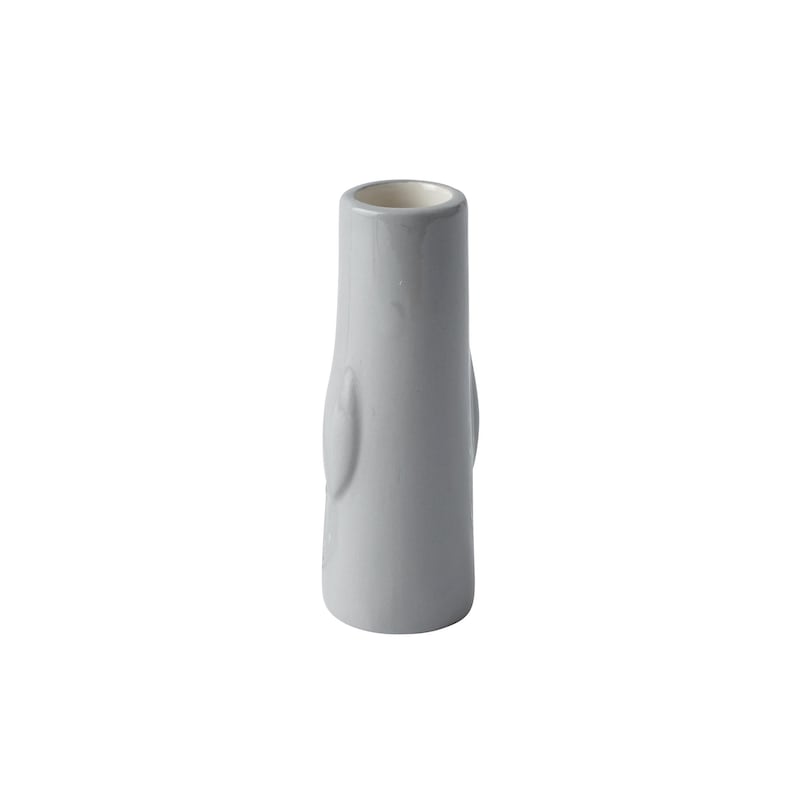 May include: A grey ceramic vase with a textured surface. The vase has a round opening at the top and a slightly wider base.