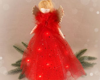 Red Large Light Up Angel Christmas Tree Topper | Festive Decor | Christmas Decoration | Seasonal | Ornament | Battery Powered