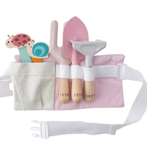 Little Tribe Pink Wooden Garden Tool Set | With Adjustable Fabric Belt To Keep The Tools In Place| Age 3+ | In Gift Box