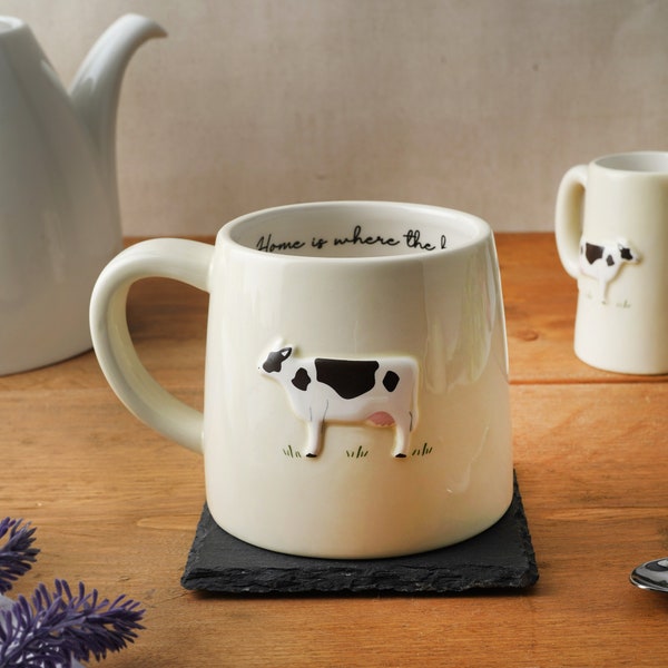 Taza de cerámica con diseño de vaca lechera / Taza de café rústica de Bramble Farm, en caja de regalo.