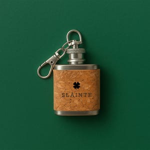 Mini petaca de corcho con forma de trébol de cuatro hojas 'Slainte' / Llavero / Regalo irlandés / Regalo de recuerdo