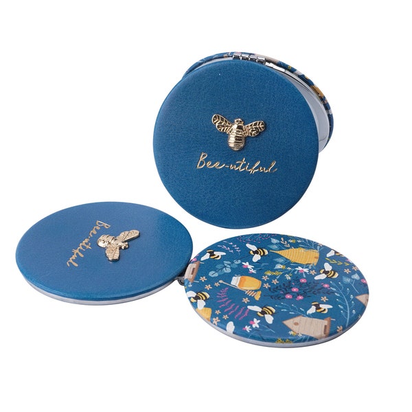 Blue Bee Design Espejo compacto de cristal para mujer con aumento de 1X/2X, estuche con tapa en caja de regalo/bolso de viaje, espejo de retoque de maquillaje