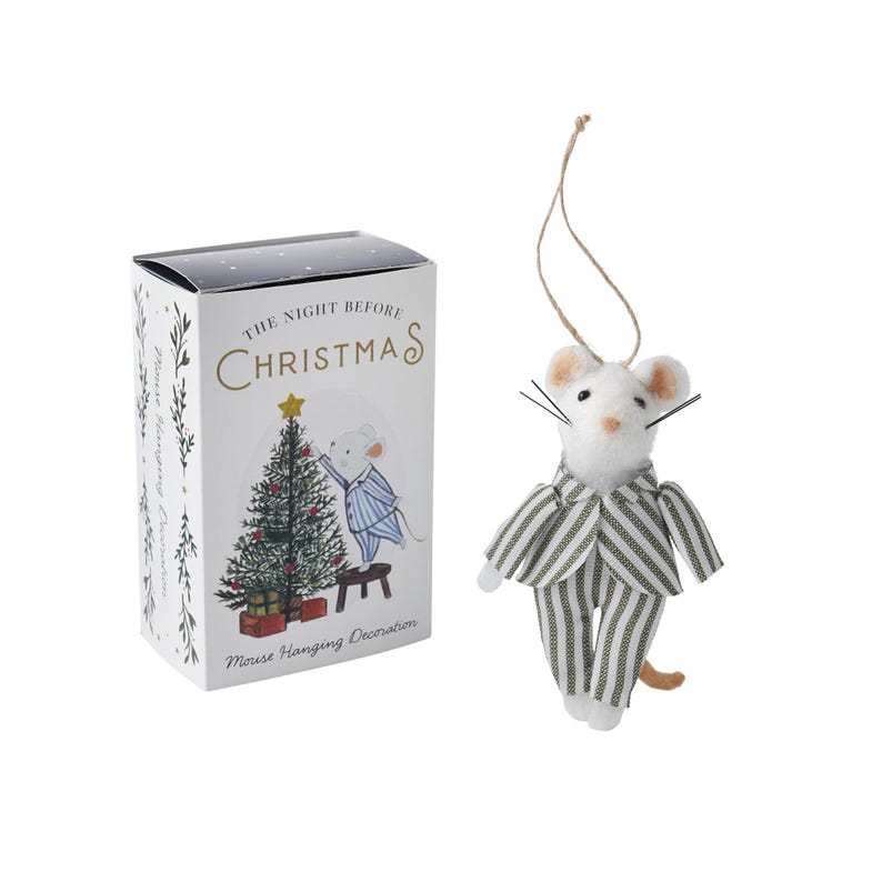 May include: A white felt mouse wearing a green and white striped suit, hanging from a string. The mouse is a Christmas ornament and comes in a box with the text "The Night Before Christmas" and a picture of a mouse decorating a Christmas tree.