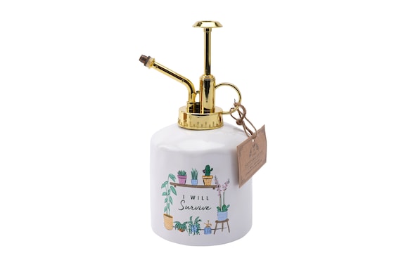 Nebulizzatore per piante in ceramica bianca con pompa in plastica color oro  'I Will Survive' Contiene 300 ml Piante da appartamento Regalo per la casa  -  Italia