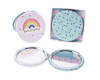 Rainbow 'Smile Every Day' Glas-Kompaktspiegel 1X / 2X Vergrößerung mit Geschenkbox | Reise-freundlicher Handtaschen-Make-up-Ausbesserungsspiegel