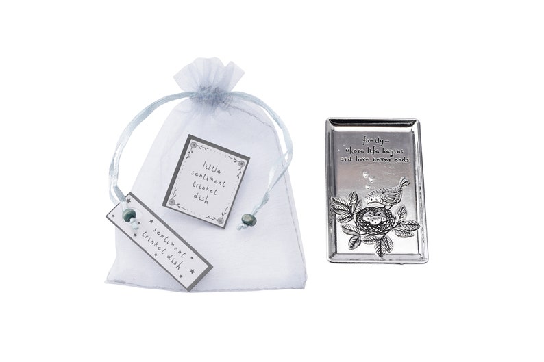 in Gift Bag \u2018Family\u2026Where Life Begins and Love Never Ends\u2019 Silver Finish JewelleryTrinket Dish with an Engraved Design and Sentiment