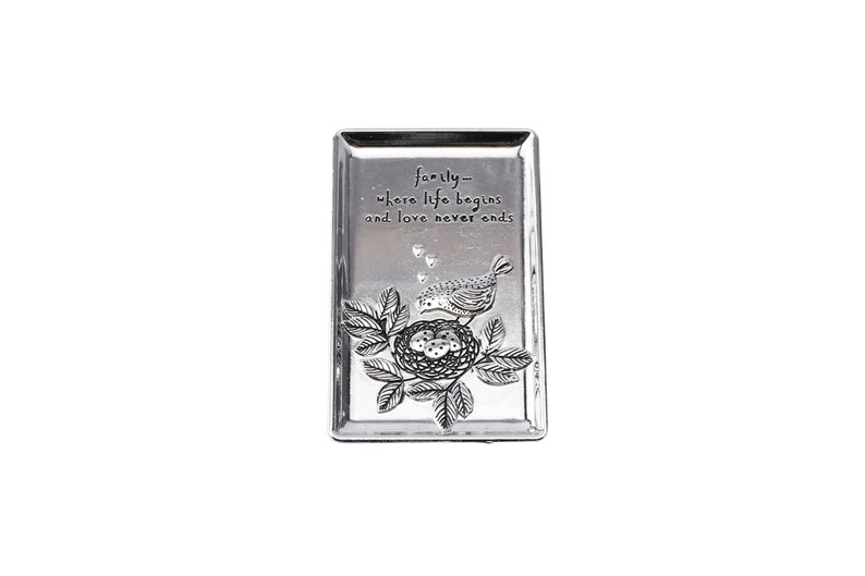 in Gift Bag \u2018Family\u2026Where Life Begins and Love Never Ends\u2019 Silver Finish JewelleryTrinket Dish with an Engraved Design and Sentiment