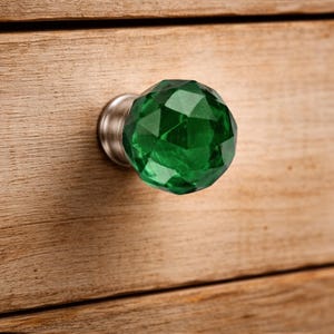 Può includere: Un pomello per cassetto rotondo in vetro verde smeraldo sfaccettato con una base in metallo color argento lucido. Il pomello presenta una superficie geometrica a più facce che riflette la luce, fissato su un frontale di cassetto in legno.