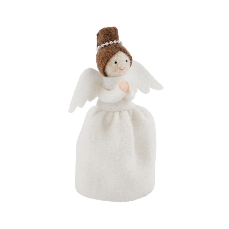 May include: A handcrafted angel figurine with a white dress and wings. The angel has brown hair, a brown cap, and a beaded halo. The figurine is made of felt and has a sweet, gentle expression.