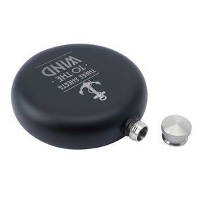 May include: Black metal flask with a silver screw-on cap. The flask has an engraved anchor and the text "Three Sheets To The Wind."