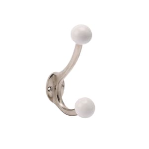 Large Traditional Hat & Coat Nickel Double Hook With Cream Ceramic Balls