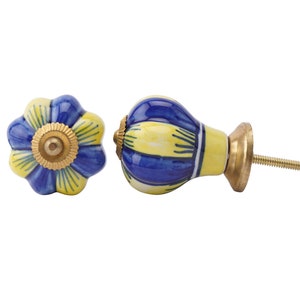 Könnte beinhalten: Zwei Keramik-Schrankknöpfe mit einem blauen und gelben Blumenmuster. Ein Knopf ist rund mit einer Schraube an der Seite. Der andere Knopf ist blumenförmig mit einer runden Mitte.