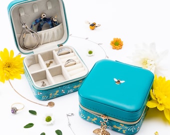 Zip Up Travel Jewellery Box Case | Floral Bee Garden Design | Teal | Ladies Accessory | Organiser | Gift For Her