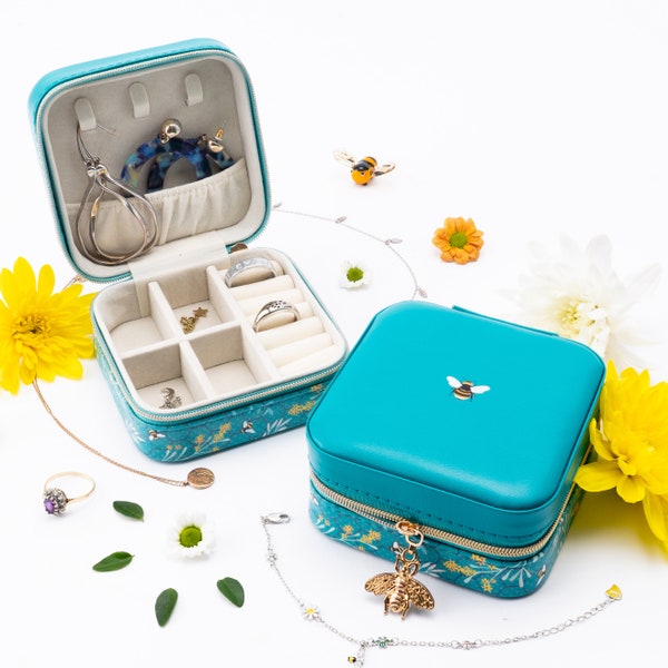 Zip Up Travel Jewellery Box Case | Floral Bee Garden Design | Teal | Ladies Accessory | Organiser | Gift For Her