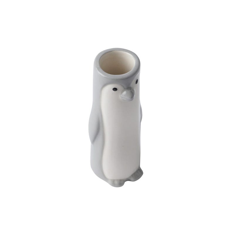 May include: A grey ceramic penguin-shaped vase with a white belly. The vase is ideal for holding small bouquets of flowers or other decorative items.