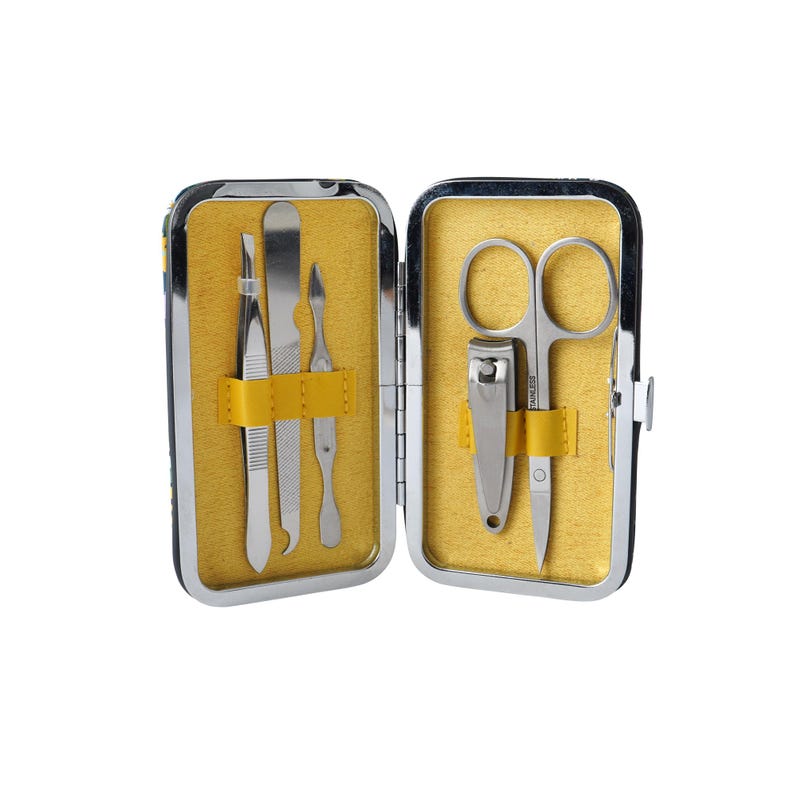 May include: A black travel case with a yellow interior holds a set of manicure tools, including nail clippers, tweezers, a nail file, and cuticle pusher.