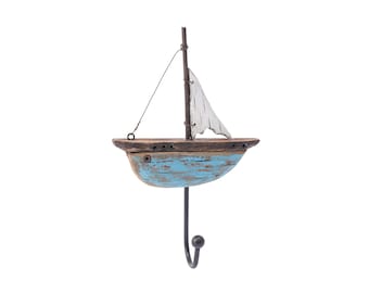 Wooden Sailing Boat Shabby Chic Wall Easily Mountable Coat, Bag, Hat and Car Keys Hook Organiser Seaside Design Nautical