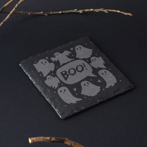 4er-Set | Halloween Quadrat Schiefer Untersetzer &#39;Boo&#39; in Geschenkbox