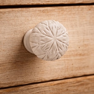 Può includere: Un pomello per mobili rotondo in ceramica color bianco sporco caratterizzato da un motivo floreale o a stella in rilievo, con segmenti testurizzati a forma di petalo che si irradiano dal punto centrale, montato su una piccola base circolare liscia.