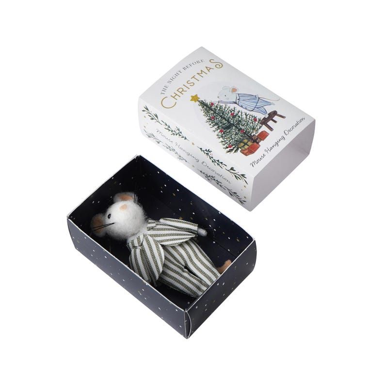 May include: A small white mouse wearing a striped pajama-like outfit is inside a blue box with white stars. The box is open and the lid is white with the text "The Night Before Christmas" in gold lettering. The lid also features a small illustration of a mouse decorating a Christmas tree.