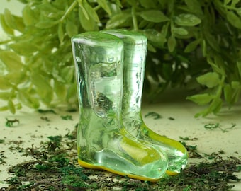 Standing Pair of Green Wellington Rubber Boots • Gift Box • Decoration • Glass Ornament • Collectable • Gift For Home