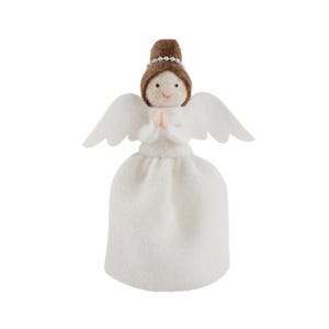 May include: A handcrafted angel figurine with a white dress, wings, and a brown hair bun adorned with a silver band. The angel's hands are clasped in prayer. This decorative item is perfect for holiday decor.