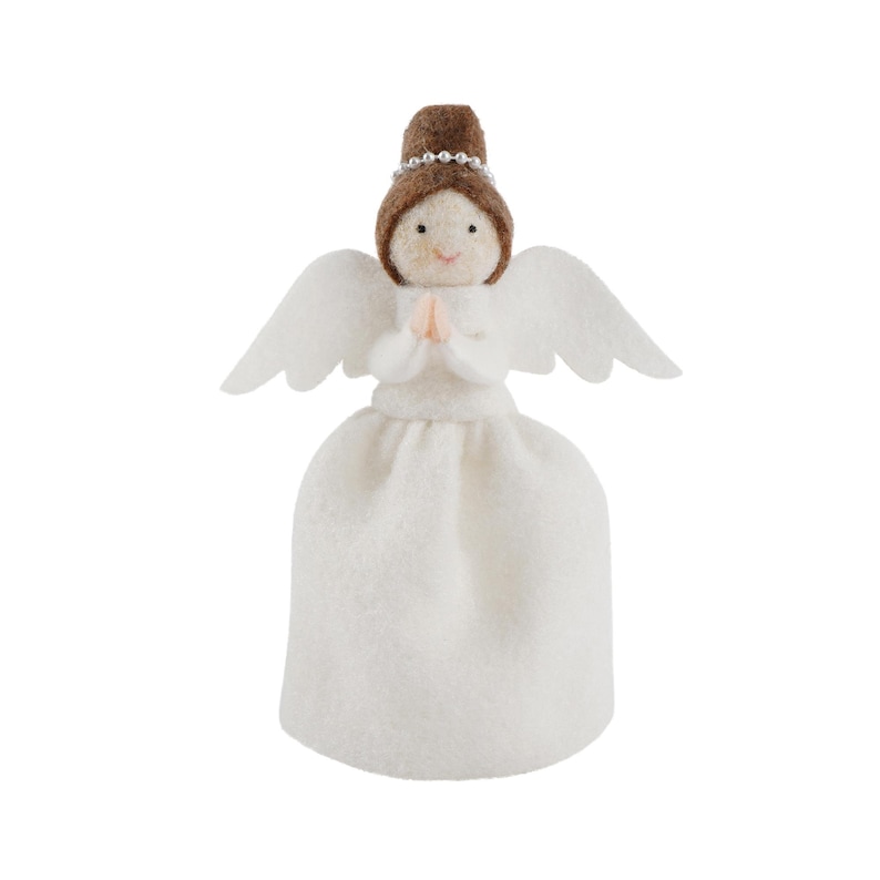 May include: A handcrafted angel figurine with a white dress, wings, and a brown hair bun adorned with a silver band. The angel's hands are clasped in prayer. This decorative item is perfect for holiday decor.