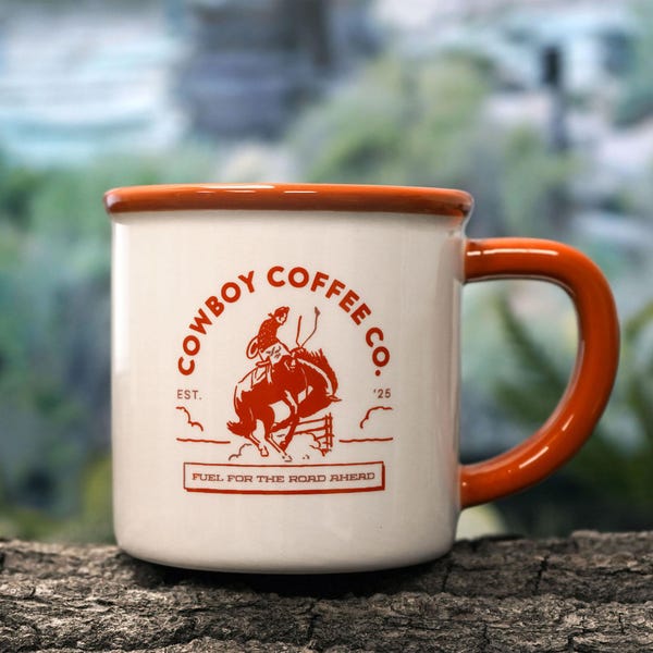 Kamionkowy kubek „Cowboy Coffee Co.” w pudełku prezentowym | Artykuły gospodarstwa domowego | Artykuły kuchenne | Kubek okolicznościowy | Ranch House | Styl Outback | 10 uncji płynu | Latte