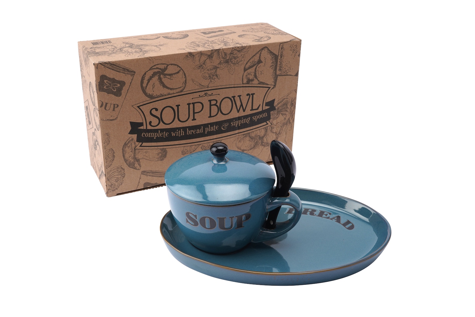 Blue Ceramic Soup Bowl With Bread Plate and Spoon in Gift Box Etsy UK