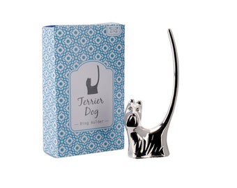 Dog Metal Silver Finish Ring and Jewellery Holder and Organiser Stand in Gift Box | Bedside and Bathroom or Kitchen Sink Storage