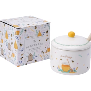 Keramische 'Bee Happy' honingpot en drizzler in geschenkdoos