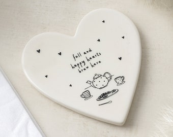 Heart Ceramic Coaster | Tea & Cake Illustration, 'Full Hearts Brew Here'