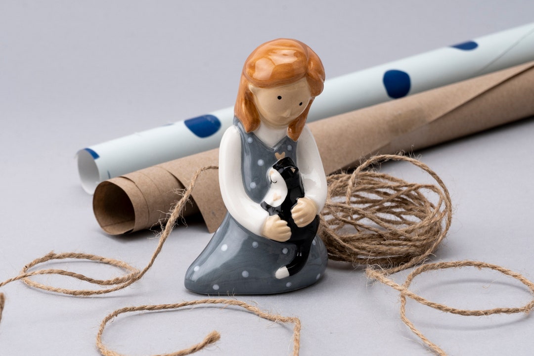 Girl & Cat Figurine Best Friend Pet Kitten Ceramic Ornament Gift Box