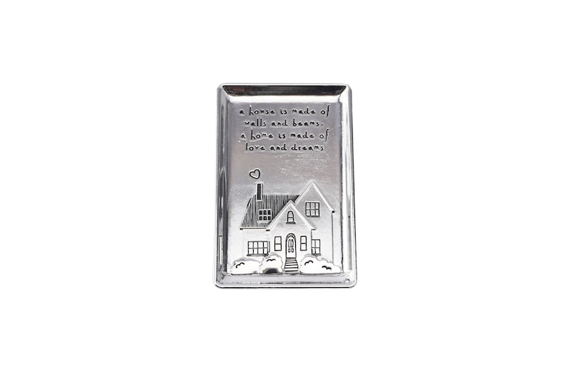 \u2019 a home .. \u2018a house is made of walls and beams in Gift Bag Silver Finish JewelleryTrinket Dish with an Engraved Design and Sentiment