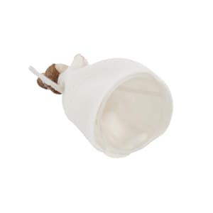 May include: A white, bell-shaped Christmas ornament with a textured surface. The ornament has a small brown and white decorative element at the top and a white string for hanging. The interior is a lighter shade of white.