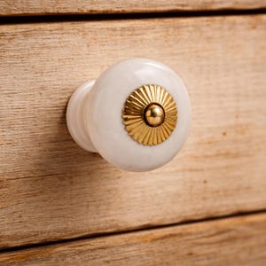 May include: A round white ceramic drawer knob featuring a central gold-coloured metal accent. The gold accent has a circular, fluted, sunburst-like design with a small smooth sphere at its centre. The knob is mounted on a light-coloured wood surface.
