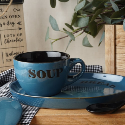 Blue Ceramic Soup Bowl Set | Rustic Farmhouse Kitchen Gift
