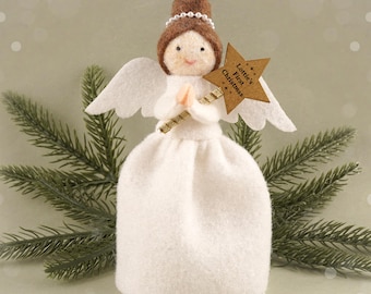 Ángel de pelo oscuro de fieltro para la punta del árbol de Navidad/Decoración festiva