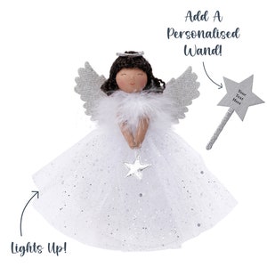 Silver Dark Haired Light Up Tree Topper Angel Decoration | Battery Powered | Size: 18cm | Christmas | Gift For Home