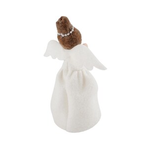 May include: A handcrafted angel figurine, viewed from the back, with a brown felt head adorned with a pearl-like headband. The angel wears a white felt dress and has white felt wings. The figurine is designed for decorative purposes.