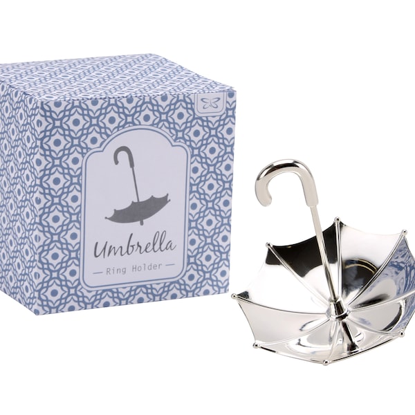 Umbrella Metal Silver Finish Ring and Jewellery Holder and Organiser Stand in Gift Box | Bedside and Bathroom or Kitchen Sink Storage