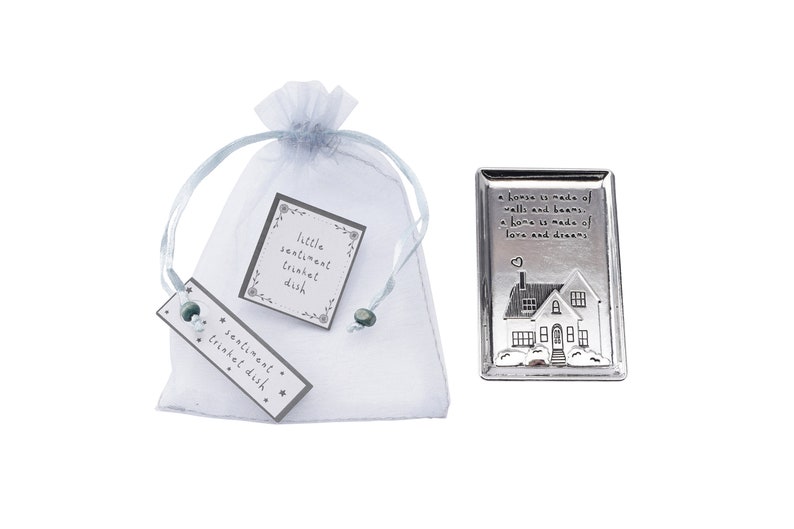 \u2019 a home .. \u2018a house is made of walls and beams in Gift Bag Silver Finish JewelleryTrinket Dish with an Engraved Design and Sentiment