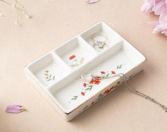 Floral Ceramic Jewelry Tray • Ring & Trinket Compartment Organizer