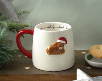 Taza de cerámica con diseño de vaca de las Tierras Altas de Navidad de Bramble Farm / En caja de regalo / Taza artesanal de café y té / Diseño rústico de granja / Regalo ideal